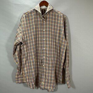 Tailorbyrd Shirt Mens XL Button Up Orange Purple Plaid Cotton Long Sleeve